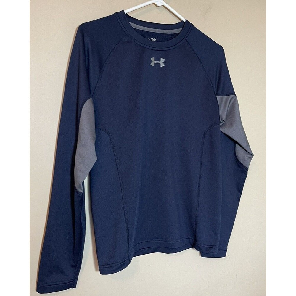 Under Armour Cold Gear Long Sleeve Fleece Lined Shirt Navy With Gray Elbow Patch